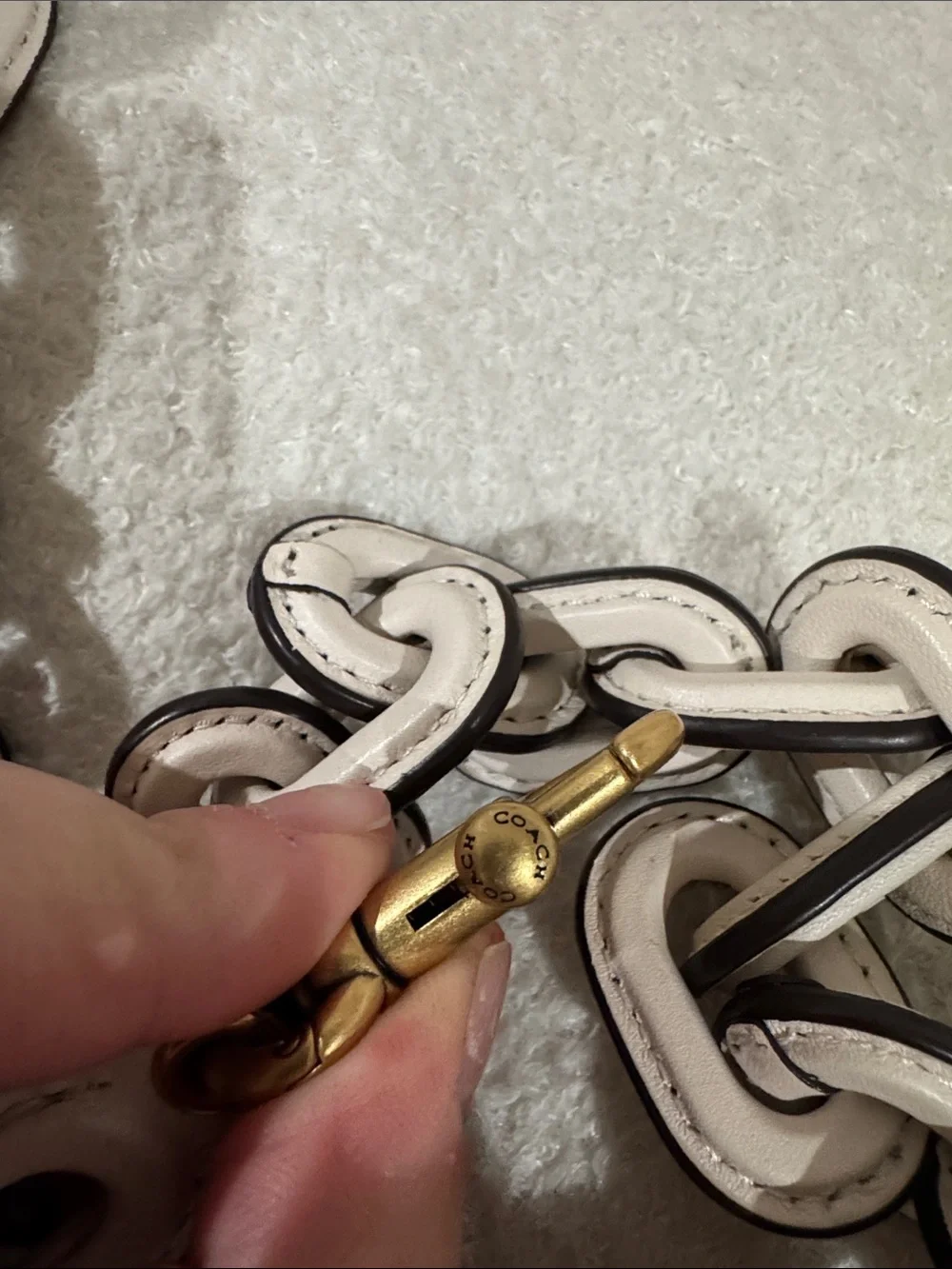 Coach White Leather Chain-Link Strap with Brass Hardware
